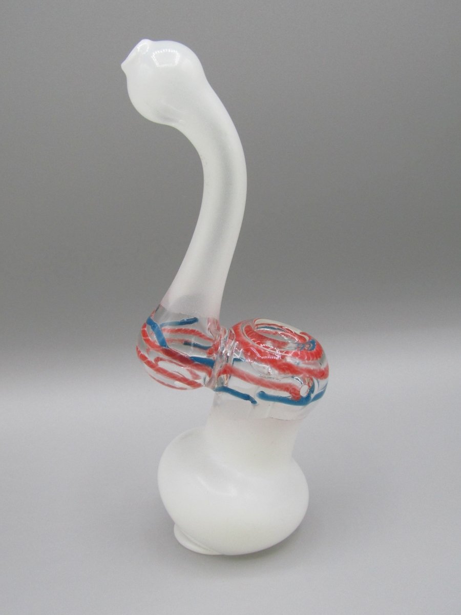 Side right view 6" frosted swirl bubbler with red/blue color combo.