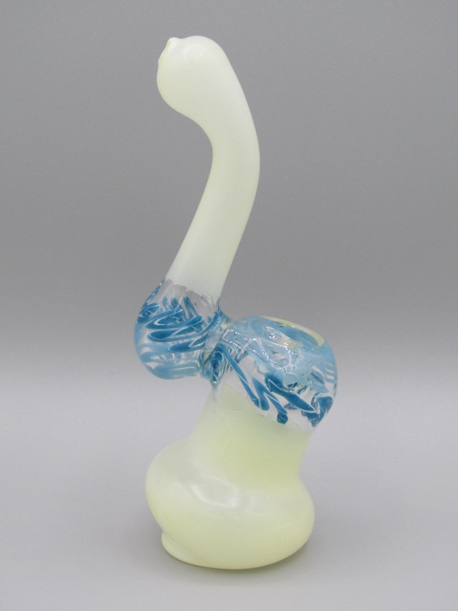 Right side view 6" frosted swirl bubbler with blue color accents.