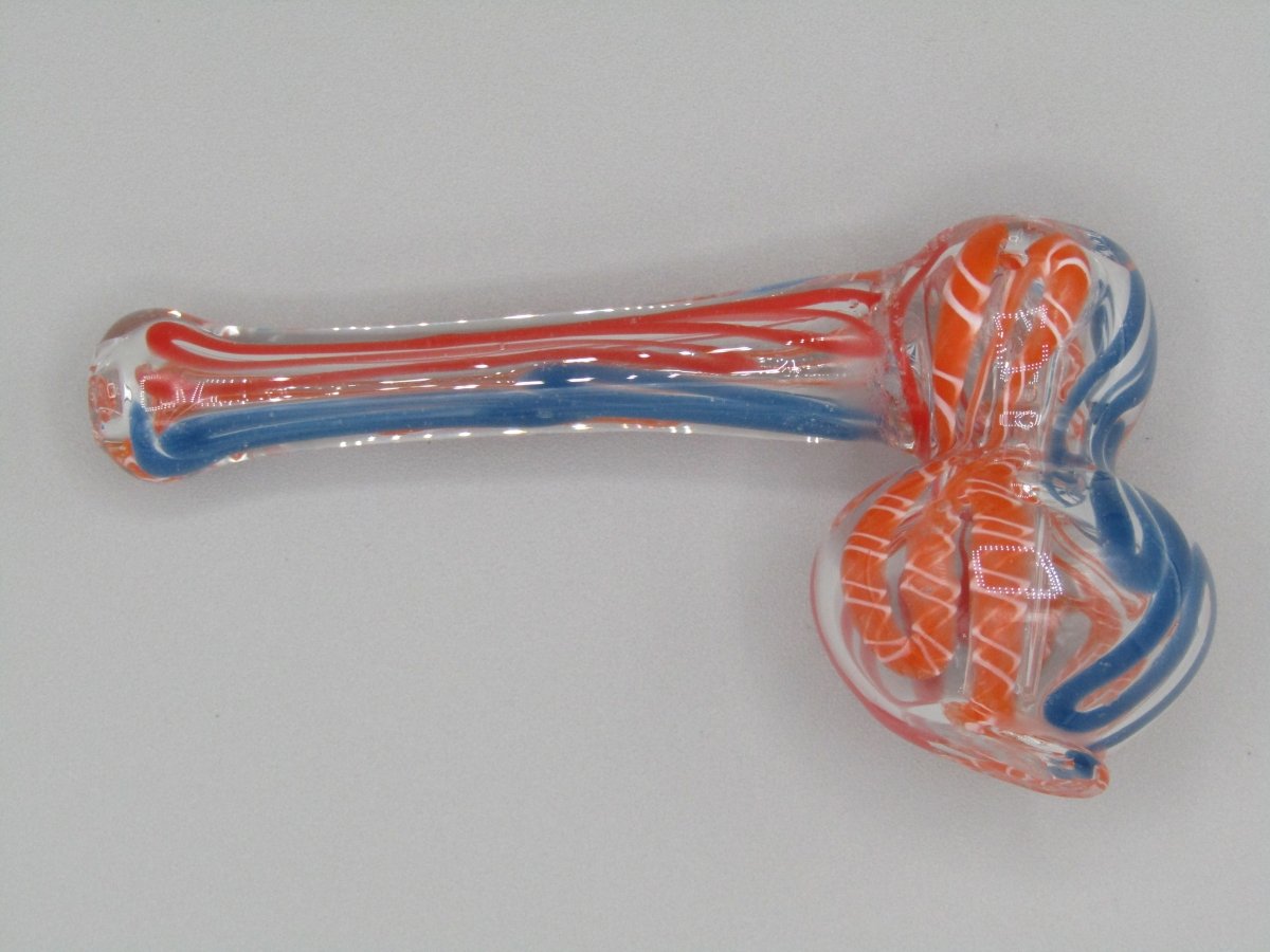 Top right view 4" mini swirl bubbler with blue, orange, and red color combo.