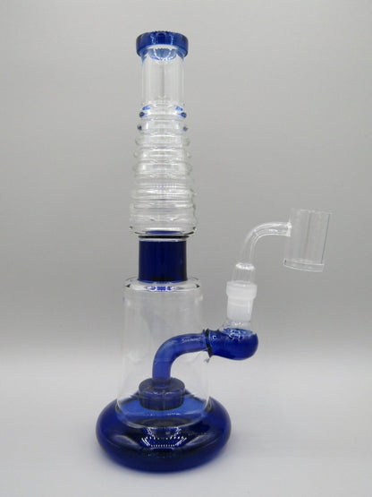 Right side view 10" ribbed neck rig with showerhead percolator, thick glass base and blue color accents.