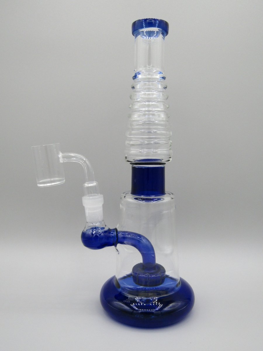 Left side view 10" ribbed neck rig with showerhead percolator, thick glass base and blue color accents.