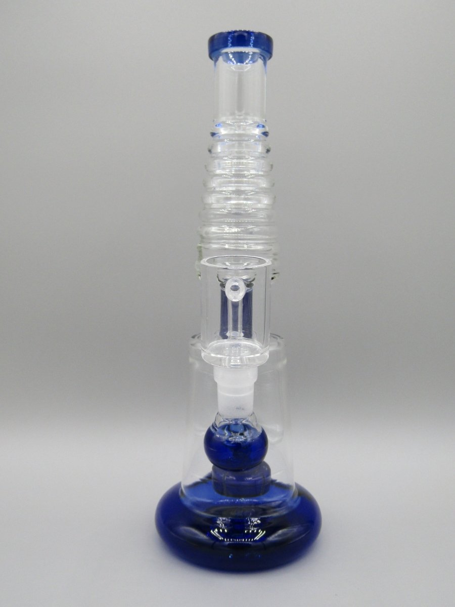 Front view 10" ribbed neck rig with showerhead percolator, thick glass base and blue color accents.