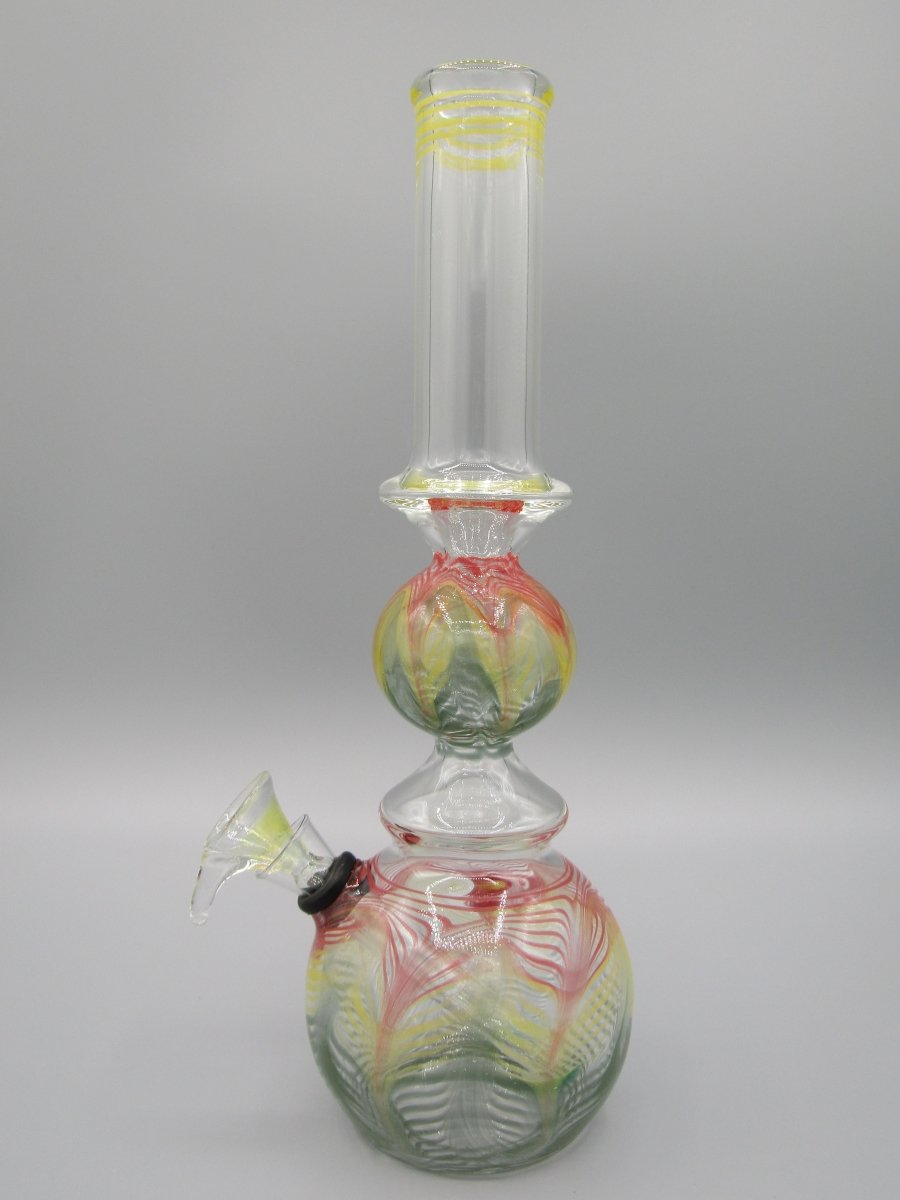 Left side view 10" ringed orb neck water bong with raked tri color glass.