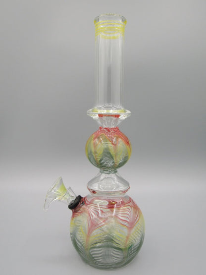 Left side view 10" ringed orb neck water bong with raked tri color glass.