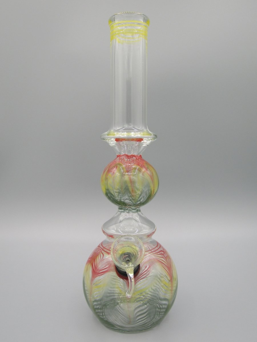 Front view 10" ringed orb neck water bong with raked tri color glass.