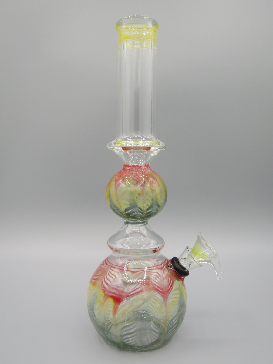 Right side view 10" ringed orb neck water bong with raked tri color glass.