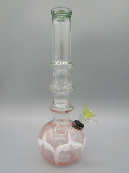 Right side view 9" 3 ring water bong with raked dual color glass.