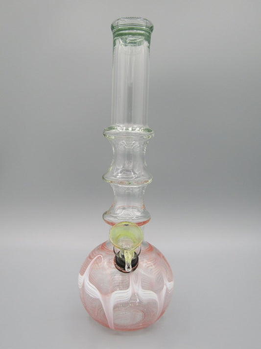 Front view 9" 3 ring water bong with raked dual color glass.