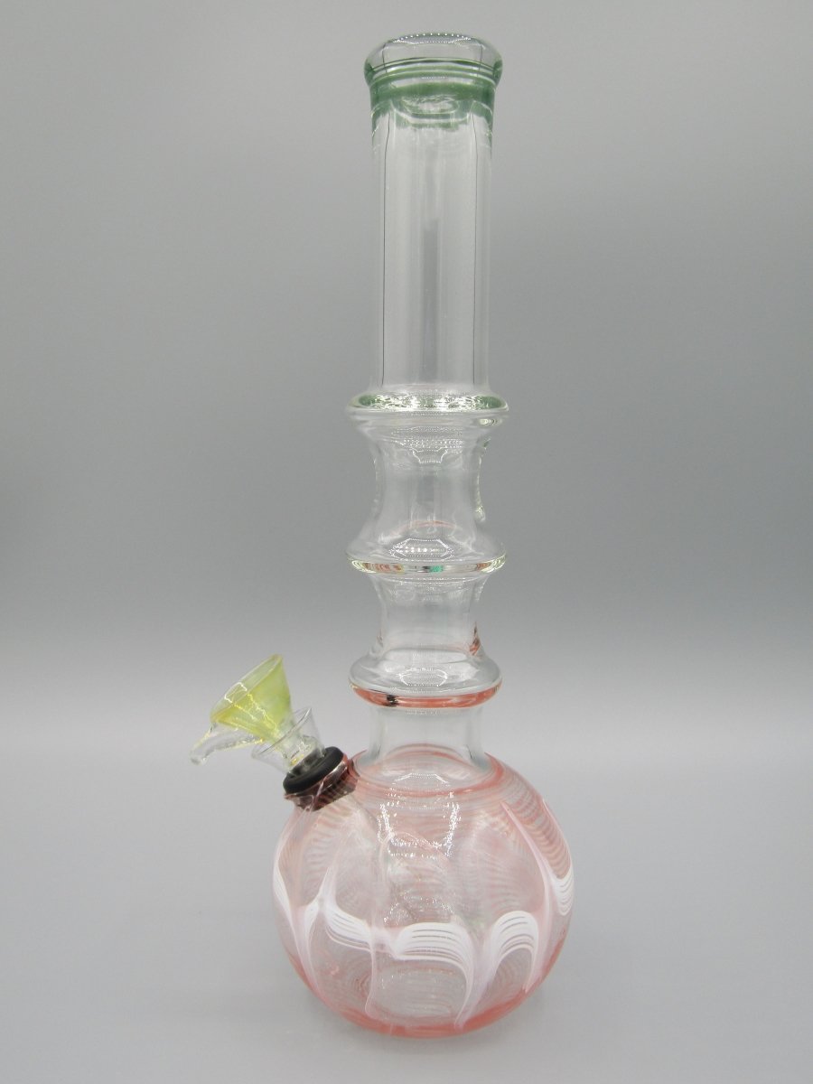 Left side view 9" 3 ring water bong with raked dual color glass.