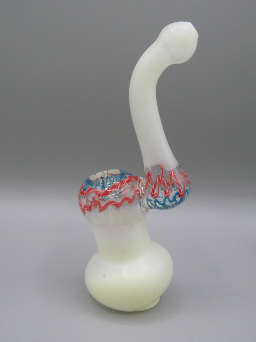 Left side view 6" frosted swirl bubbler with red/blue color combo. 