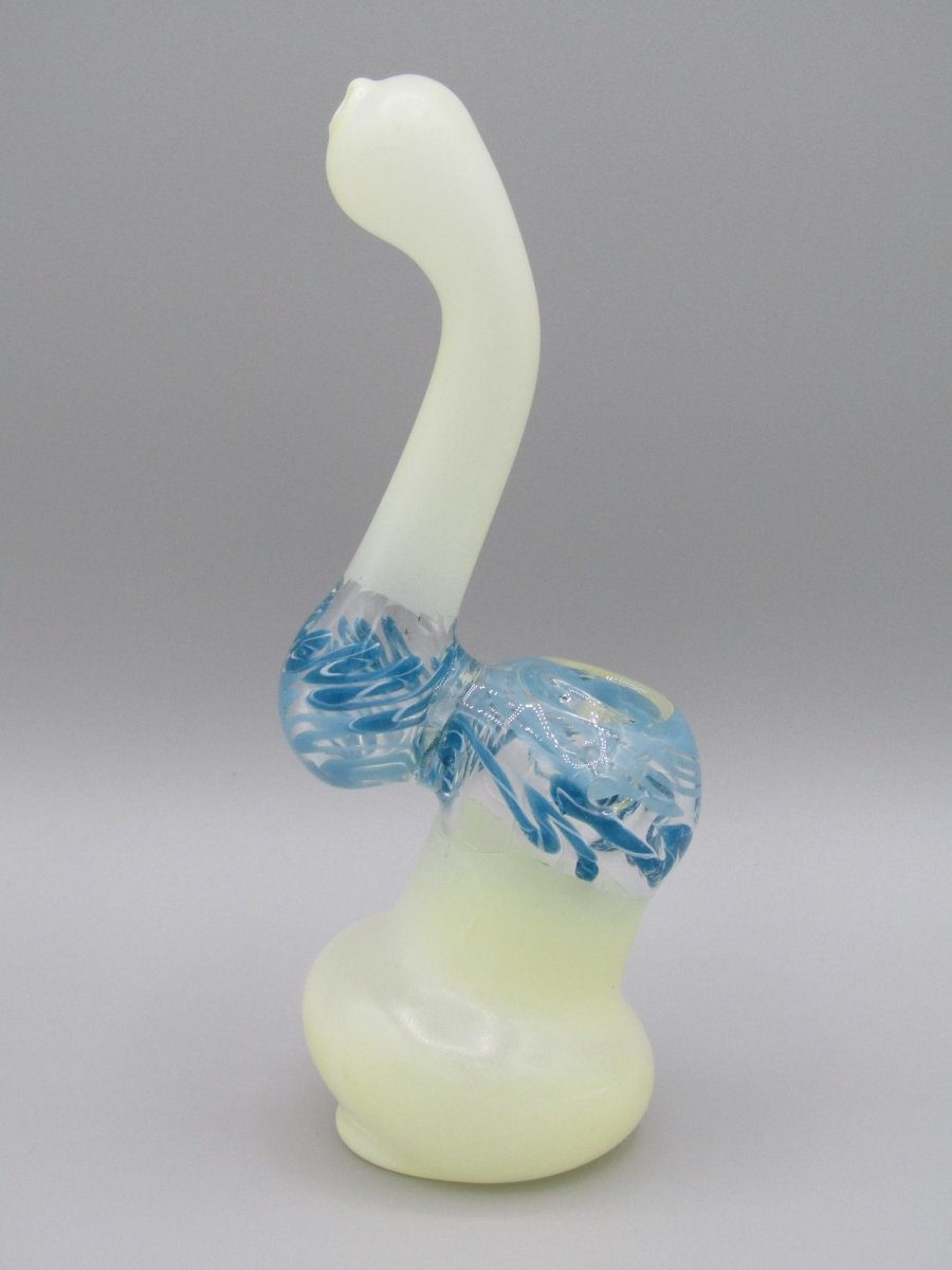 Right side view 6" frosted swirl bubbler with blue color accents. 