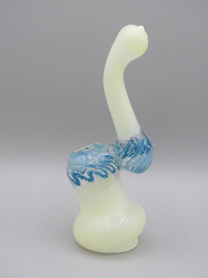 Left side view 6" frosted swirl bubbler with blue color accents. 