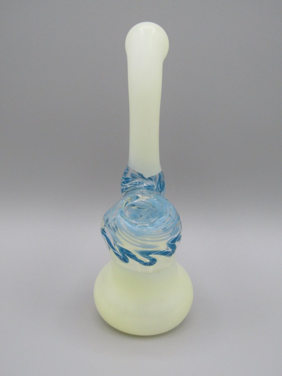 Front view 6" frosted swirl bubbler with blue color accents. 