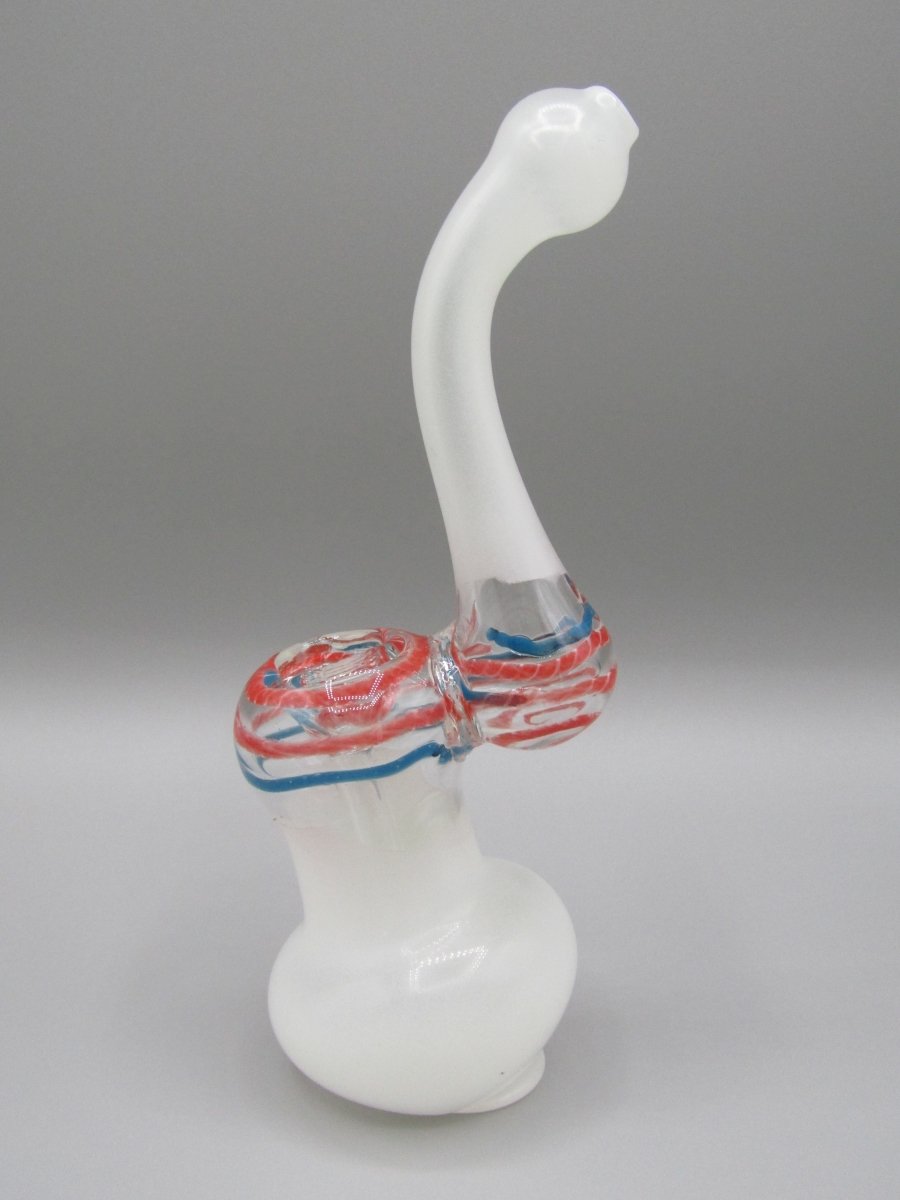 Left side view 6" frosted swirl bubbler with red/blue color combo. 