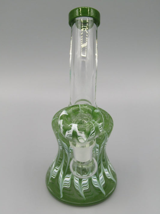 Front view 6.5" raked glass, bent neck, bell shaped water bong in green.