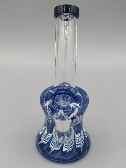 Front view 6.5" raked glass, bent neck, bell shaped water bong in blue.