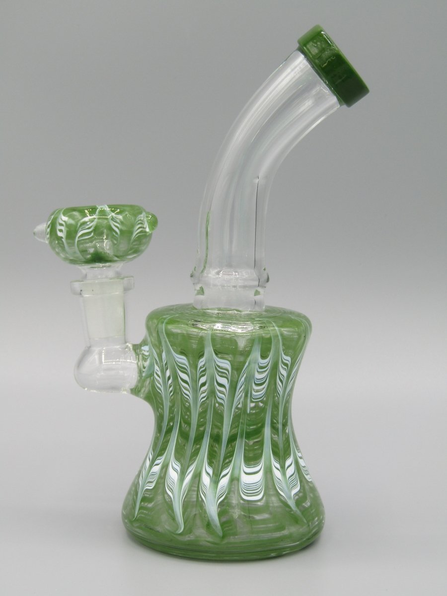 Left side view 6.5" raked glass, bent neck, bell shaped water bong in green.