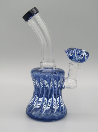 Right side view 6.5" raked glass, bent neck, bell shaped water bong in blue.