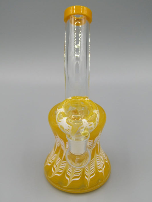 Front view 6.5" raked glass, bent neck, bell shaped water bong in yellow.