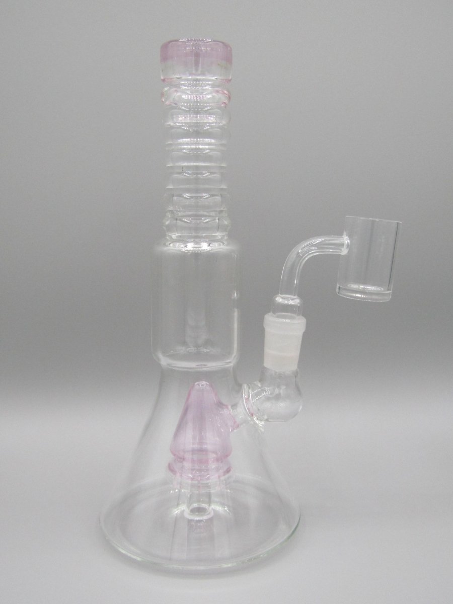 Right side view 8.5" ribbed neck beaker rig with pink color accents.