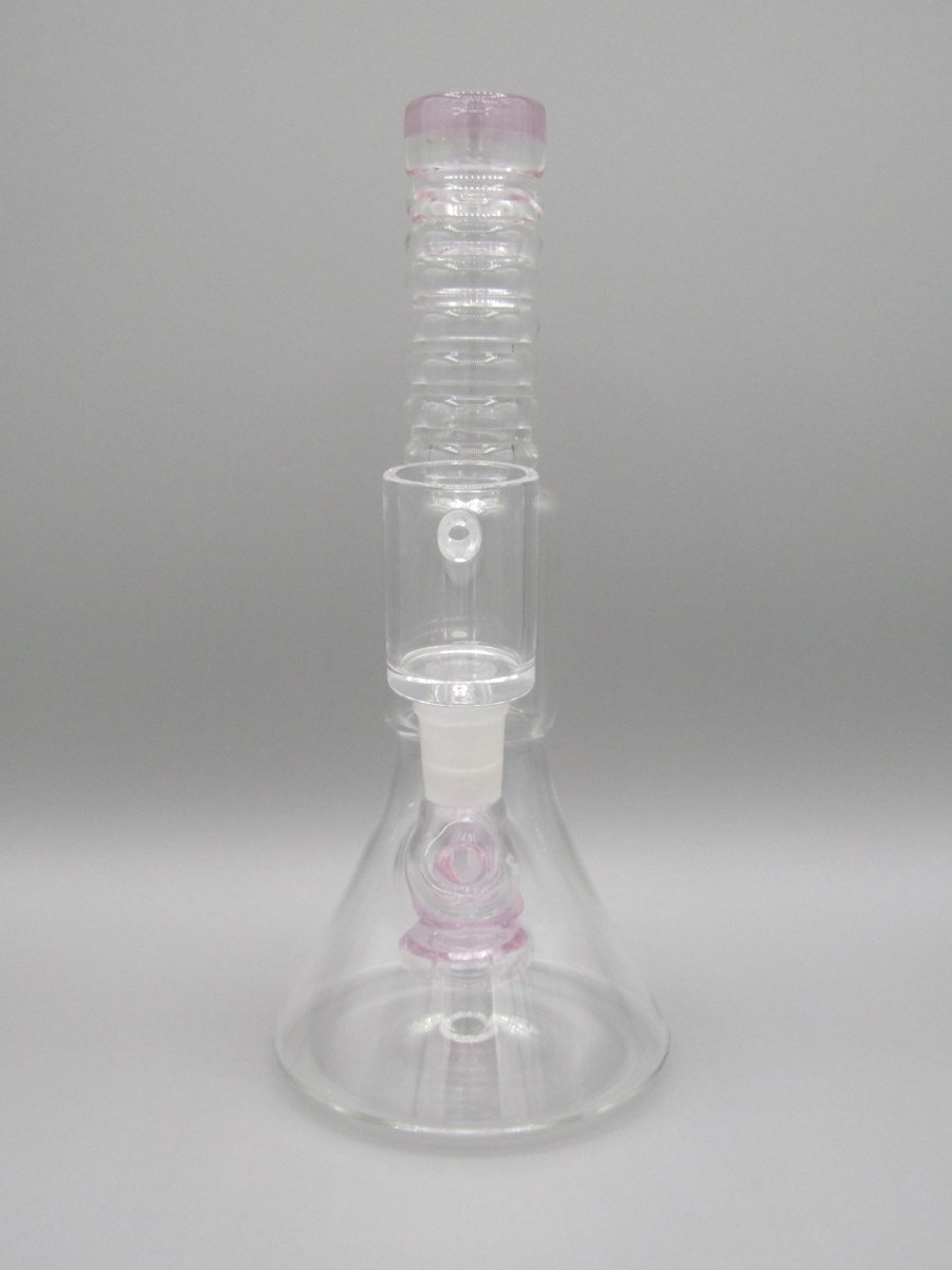 Front view 8.5" ribbed neck beaker rig with pink color accents.