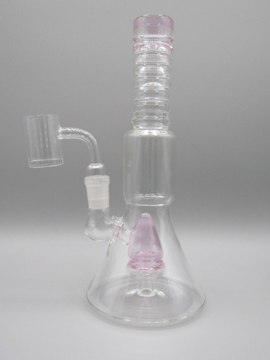 Left side view 8.5" ribbed neck beaker rig with pink color accents.