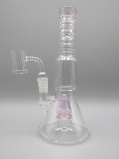 Left side view 8.5" ribbed neck beaker rig with pink color accents.