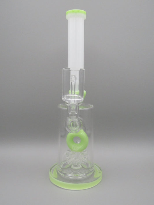 Front view 10.5" straight neck rig with thick glass base and atomic donut percolator, slime green color accents.