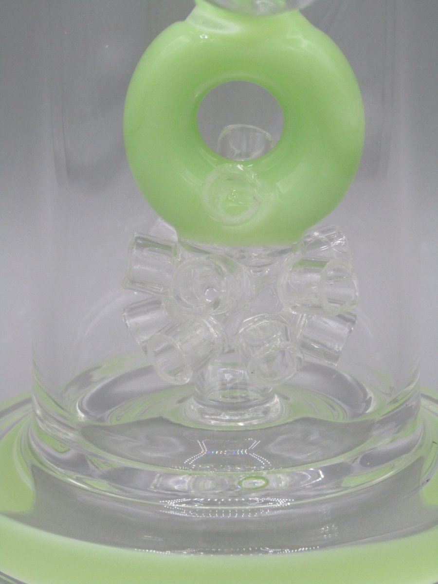 Zoom view atomic green donut percolator and thick glass base.