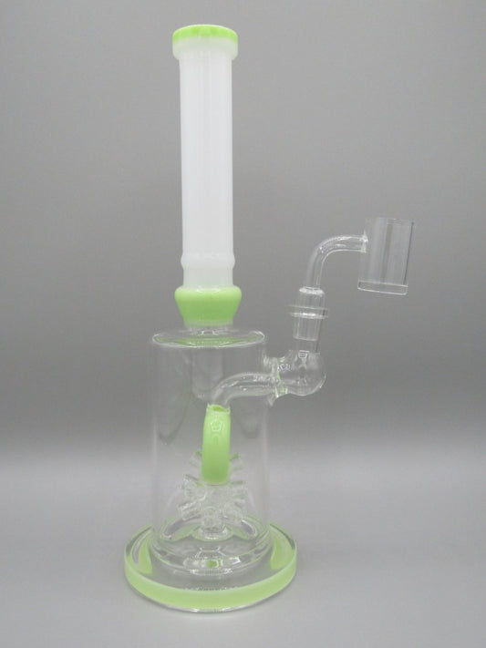 Side right view 10.5" straight neck rig with thick glass base and atomic donut percolator, slime green color accents.
