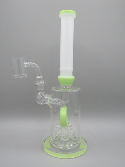 Side left view 10.5" straight neck rig with thick glass base and atomic donut percolator, slime green color accents.