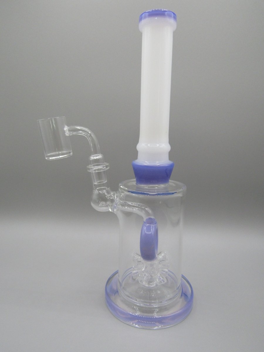 Left side view 10.5" straight neck rig with thick glass base and atomic donut percolator, milky purple color accents.