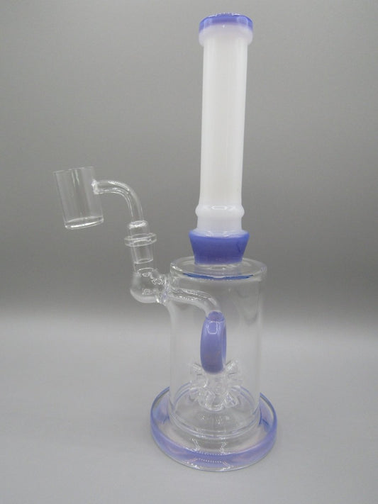 Left side view 10.5" straight neck rig with thick glass base and atomic donut percolator, milky purple color accents.