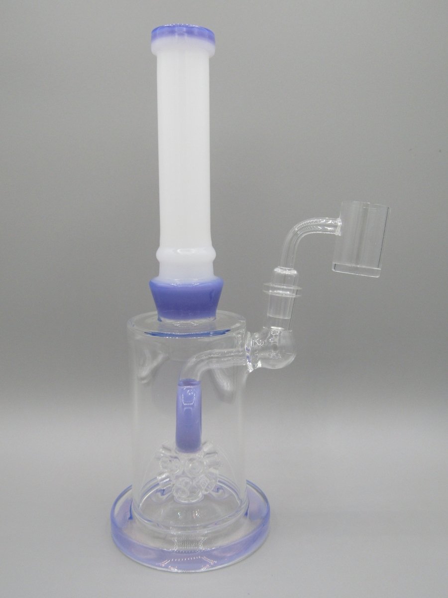 Right side view 10.5" straight neck rig with thick glass base and atomic donut percolator, milky purple color accents.