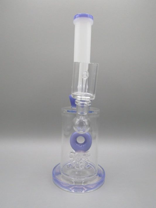 Front view 10.5" straight neck rig with thick glass base and atomic donut percolator, milky purple color accents.