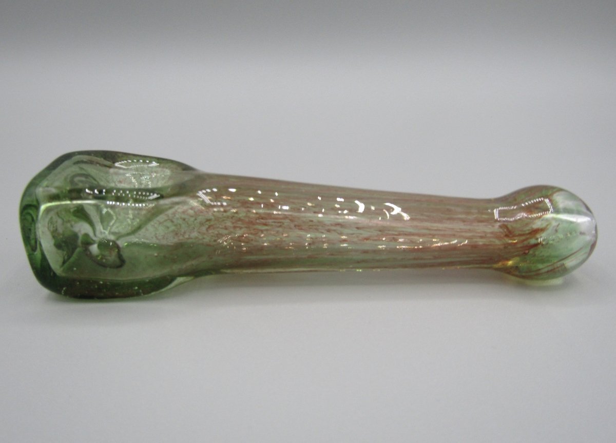 Left side view 5" hand pipe with cubed bowl and green/red color.