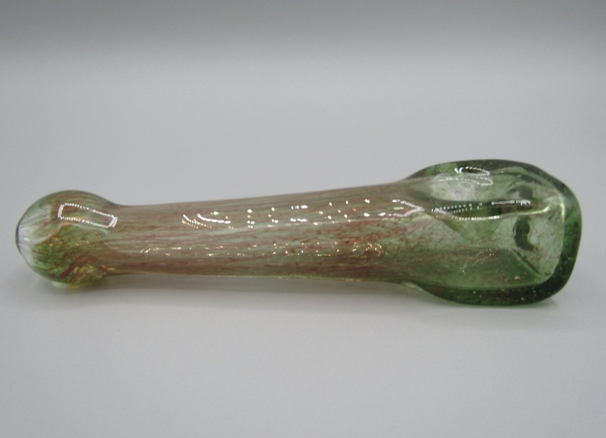 Right side view 5" hand pipe with cubed bowl and green/red color.