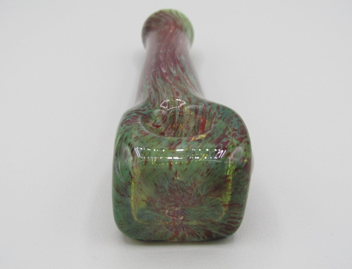 Zoom view 5" hand pipe with cubed bowl and green/red color.