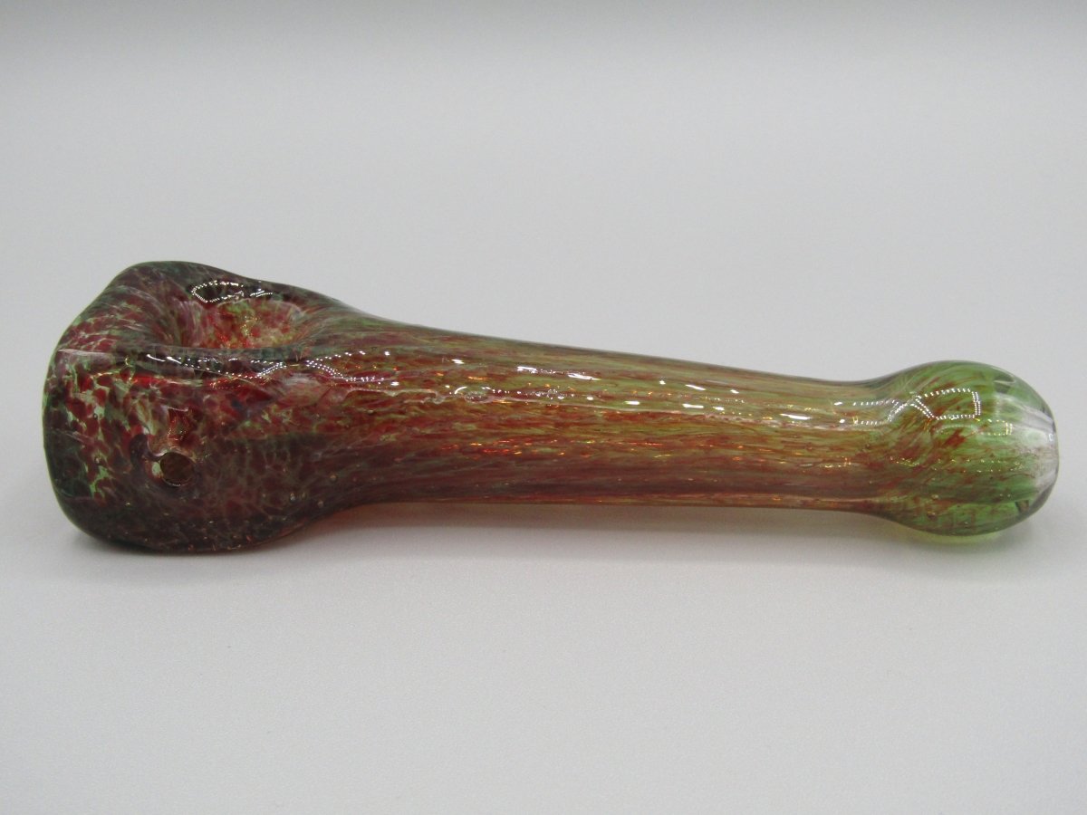 Left side view 5" hand pipe with cubed bowl and green/red color.