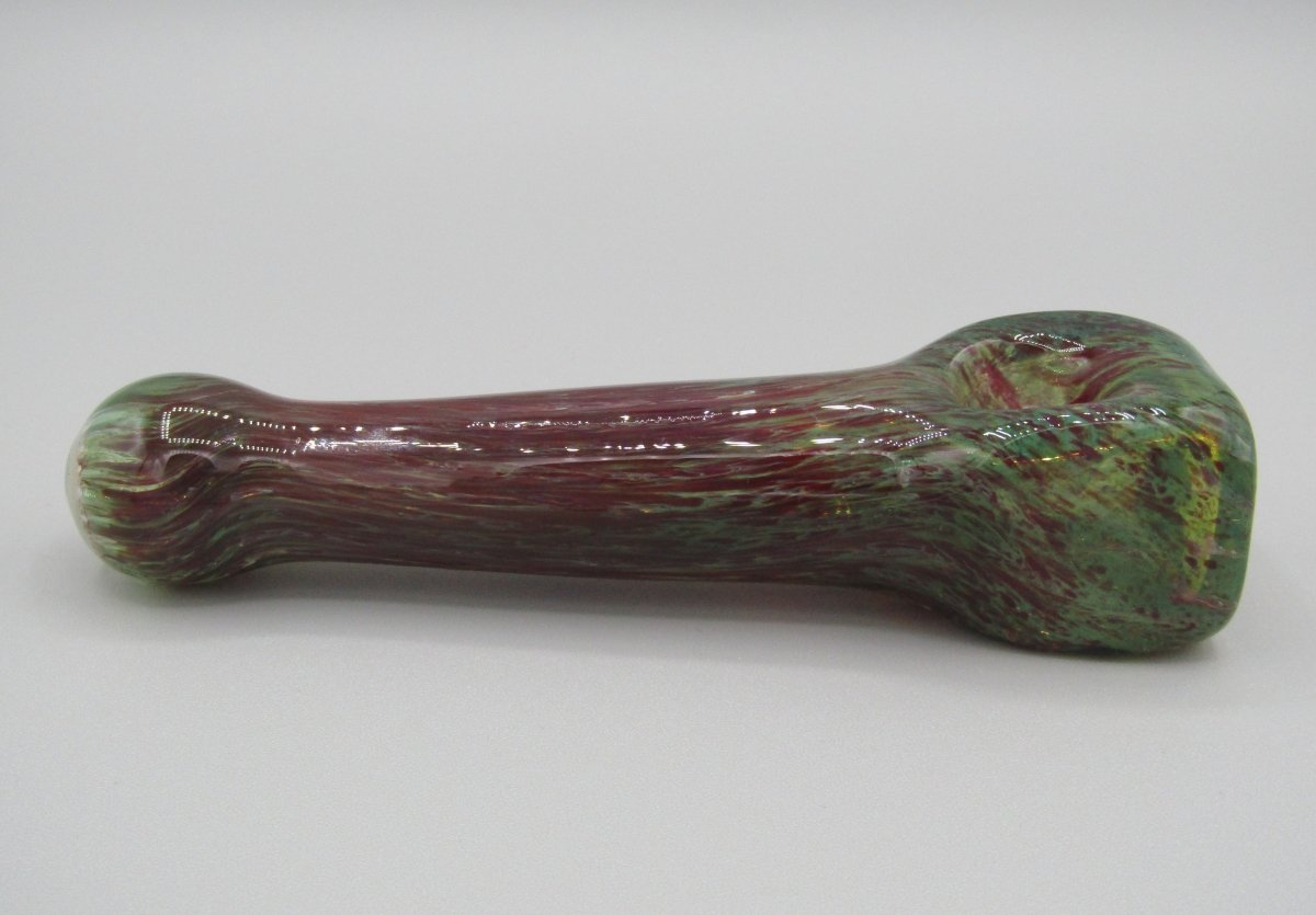 Right side view 5" hand pipe with cubed bowl and green/red color.