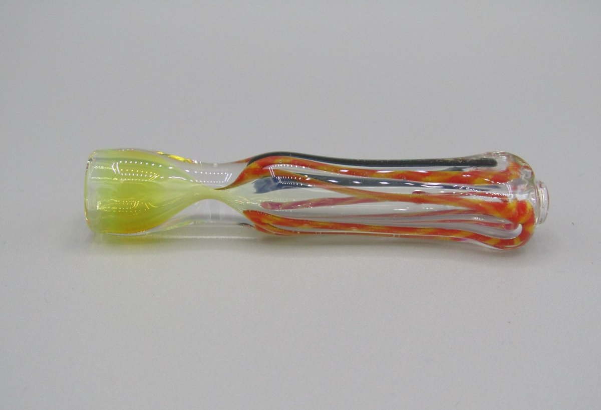 Left side view 3" Dichro Chillum yellow/orange/black color.