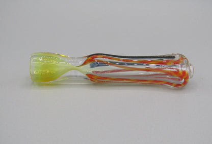 Left side view 3" Dichro Chillum yellow/orange/black color.