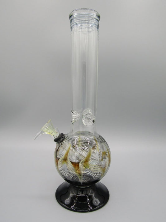 Side left view 11" straight neck water bong with ice catcher and gold color accents.
