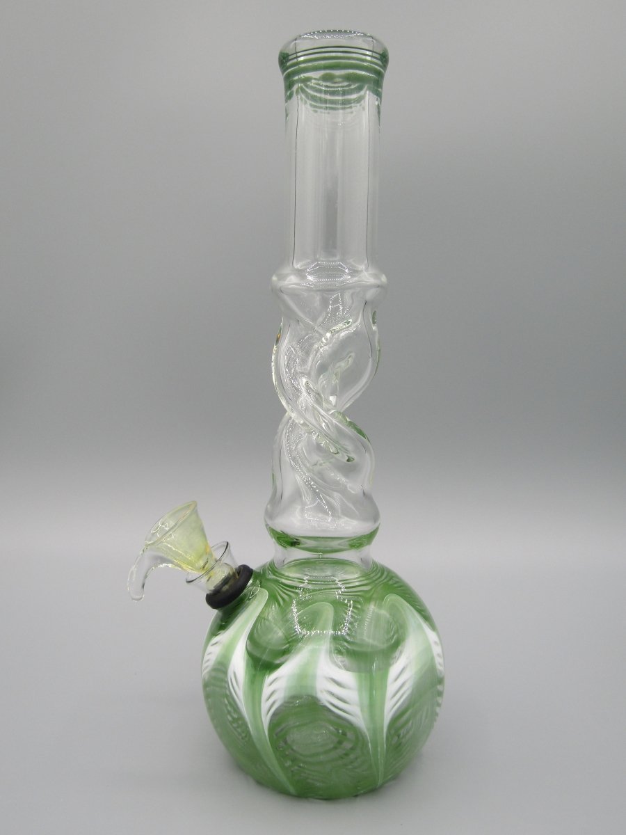 Left side view 10" raked glass, spiral neck water bong in green.