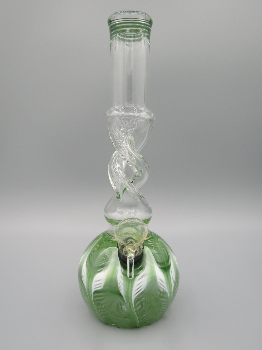 Front view 10" raked glass, spiral neck water bong in green.