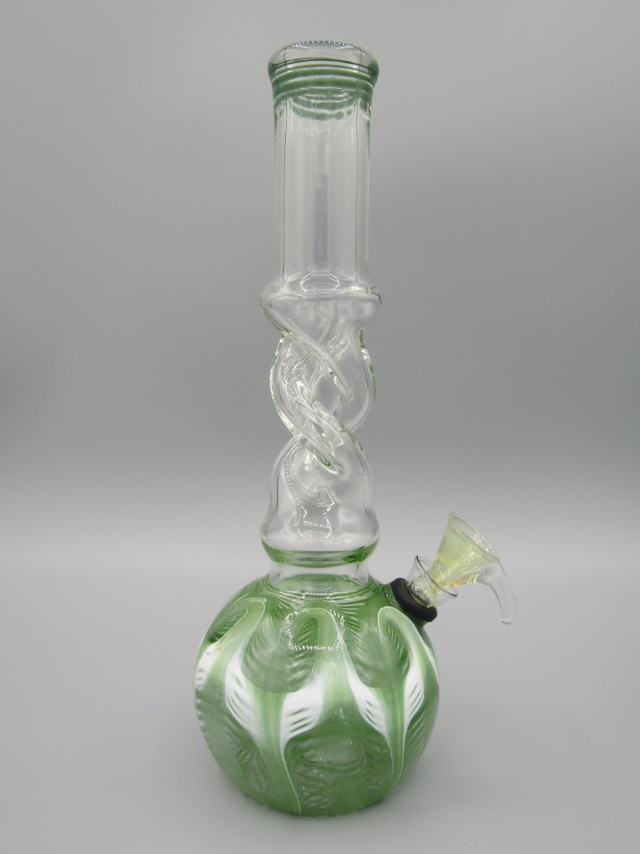 Right side view 10" raked glass, spiral neck water bong in green.