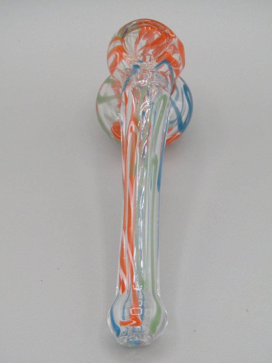 Top view 4" mini swirl bubbler with blue, orange, and green color combo.