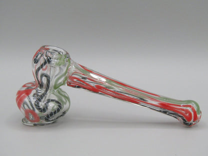 Left side view 4" mini swirl bubbler with black, orange, and green color combo.