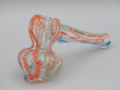 Zoom view 4" mini swirl bubbler with blue, orange, and green color combo.