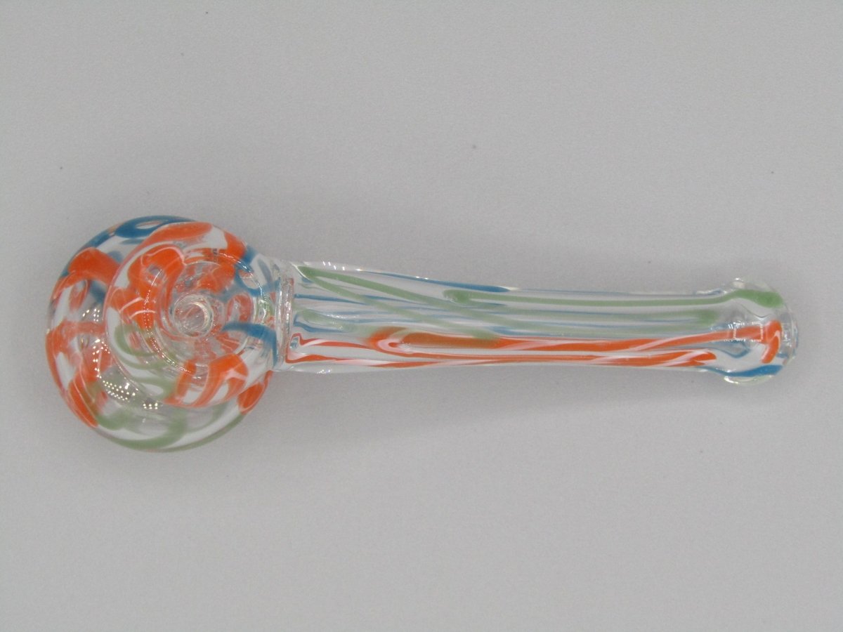 Top view 4" mini swirl bubbler with blue, orange, and green color combo.